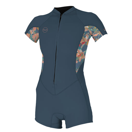 ONeill Bahia 2/1 Womens Front Zip S/S Shorty Wetsuit CopenBlue/PaintedTropics